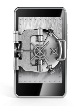 Silver vaulted safety door on smartphone screen isolated on white background.