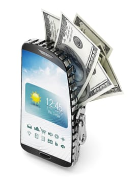 100 dollar bills coming out of the smartphone which is opened by a zipper.