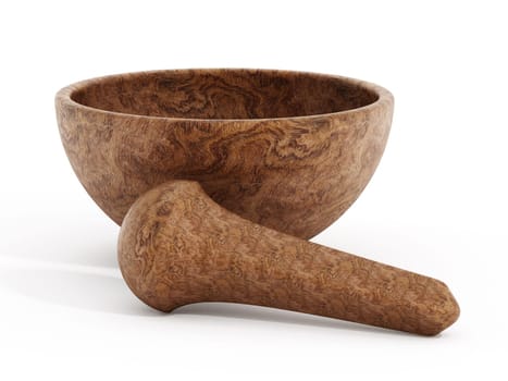 Wooden pestle and mortar isolated on white background
