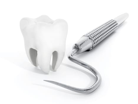 Dentist tool and tooth isolated on white background.
