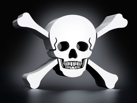White skull and bones on black background
