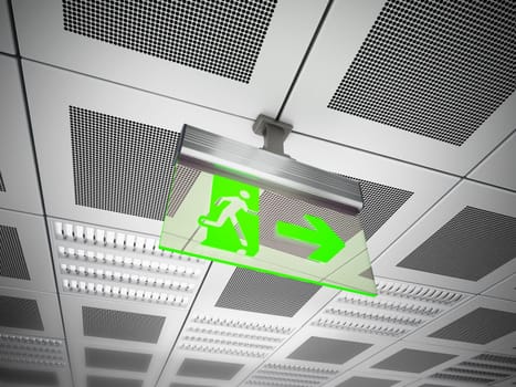 Exit sign hanging on suspended ceiling.