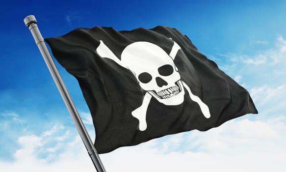 Pirate flag waving on blue background.