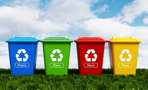 Plastic, glass, metal and paper recycle bins standing on green grass.