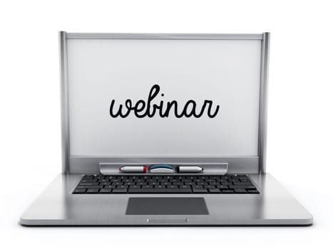 Laptop computer with white board with the word webinar isolated on white background