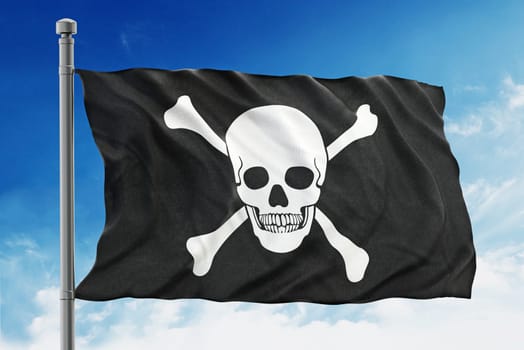 Pirate flag waving on blue background.