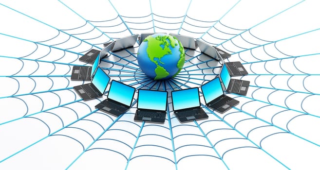 Global computer network with a spider web isolated on white background