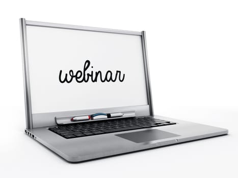 Laptop computer with white board with the word webinar isolated on white background