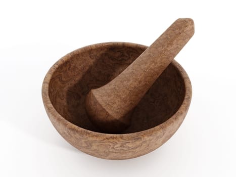 Wooden pestle and mortar isolated on white background
