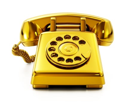 Golden retro rotary phone isolated on white background. 3D illustration.