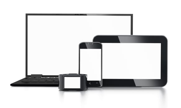 Notebook, tablet computers, smartphone and smartwatch with blank screen isolated on white background