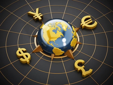 Dollar, Euro, Yen and Pound symbols around the blue globe