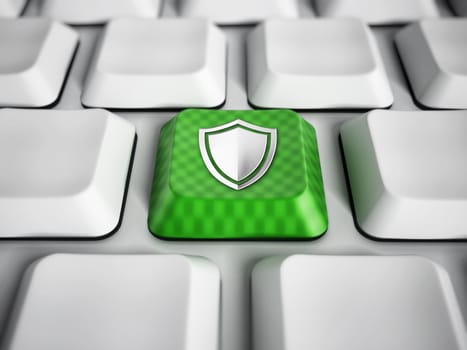 Green computer key with shield icon on white keyboard