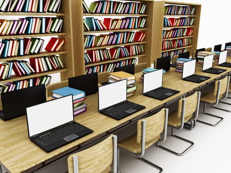 Laptop computers on the table inside a library.