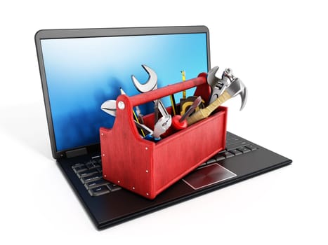 Red toolbox standing on laptop computer isolated on white background