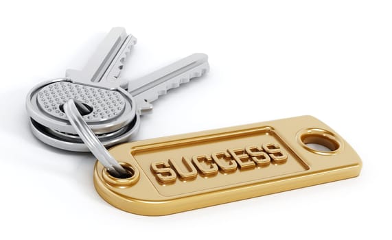 Key attached to success label isolated on white background