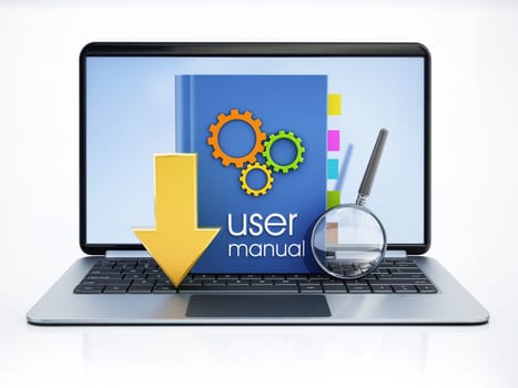 User manual, download icon and magnifying glass isolated on white background. 3D illustration.