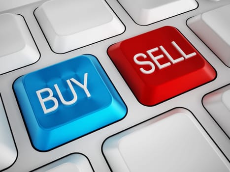 Buy and sell keys on white keyboard.