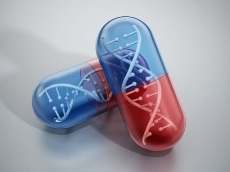 DNA helix inside pill capsules standing on reflective surface.