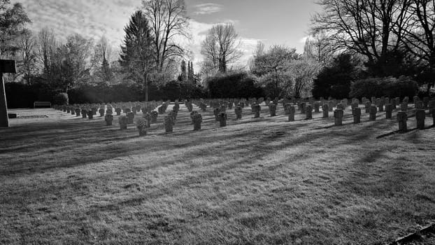 German military cemetery in Belgium. World War I military cemetery. Photo in black and white