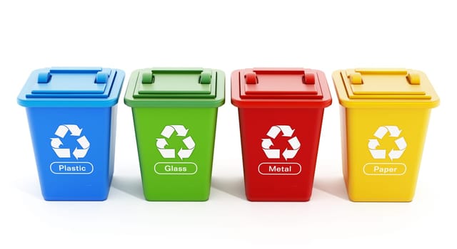 Plastic, glass, metal and paper recycle bins isolated on white background