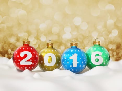 2016 text on multi colored christmas baubles standing on snow