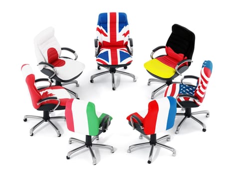 G7 country flags on office chairs isolated on white background