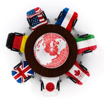 G7 country flags on office chairs around table wth globe isolated on white background