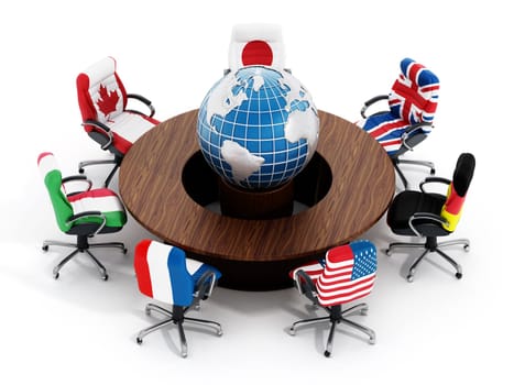 G7 country flags on office chairs around table wth globe isolated on white background