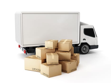 Transport truck with cardboard boxes isolated on white background