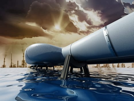 Oil pipeline passing through the sea leading to big city