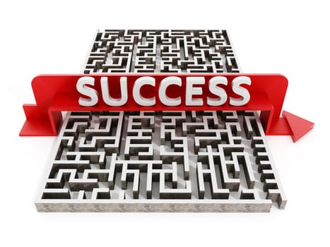 Red arrow with success text crossing over the labyrinth isolated on white background