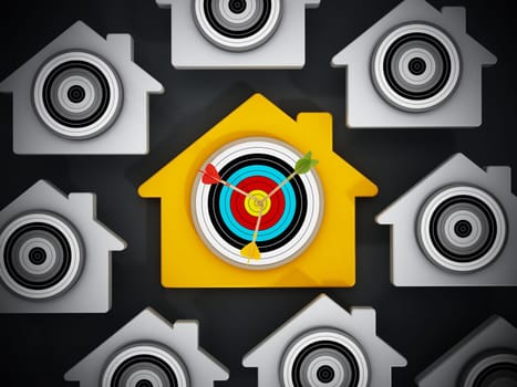 Target with arrows at the middle of of it standing on yellow house shape.