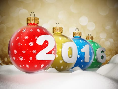 2016 text on multi colored christmas baubles standing on snow