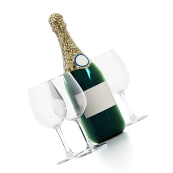Champagne bottle and glasses isolated on white background