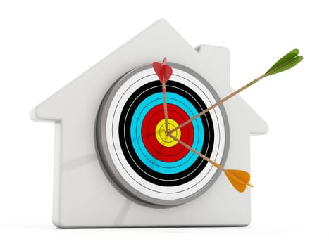 Target with arrows at the middle of of it standing on white house shape.
