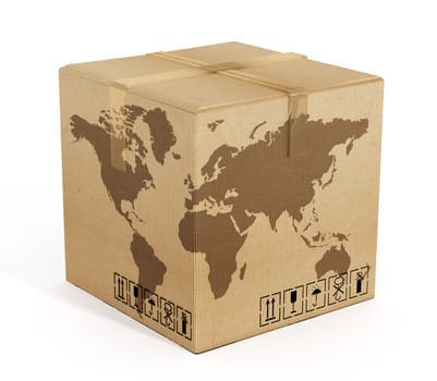 Earth map on cardboard box isolated on white background