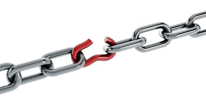 Chain with broken red part isolated on white background