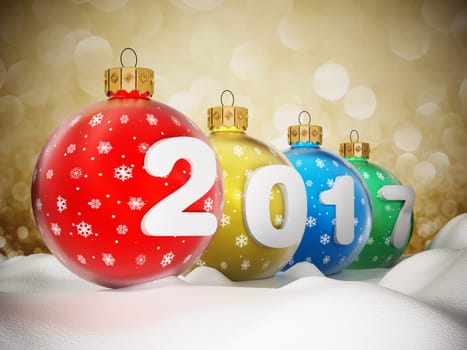 2017 text on multi colored christmas baubles standing on snow