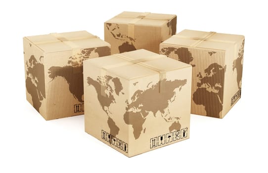 Earth map on cardboard box isolated on white background