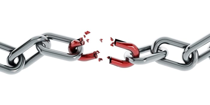 Chain with broken red part isolated on white background