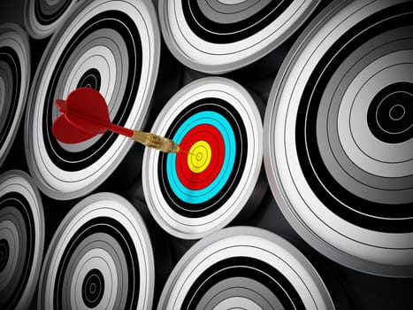 Red Dart hit right at the middle of the small target. Niche marketing concept which means concentrating all marketing efforts on a small but specific and well defined segment of the population
