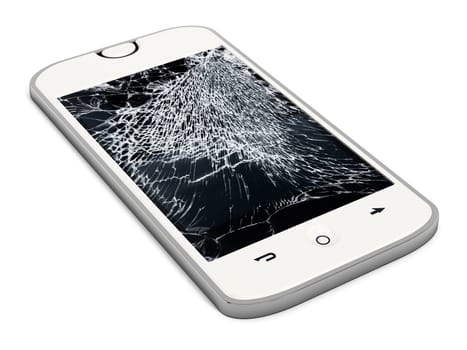 Smartphone with broken screen isolated on white background