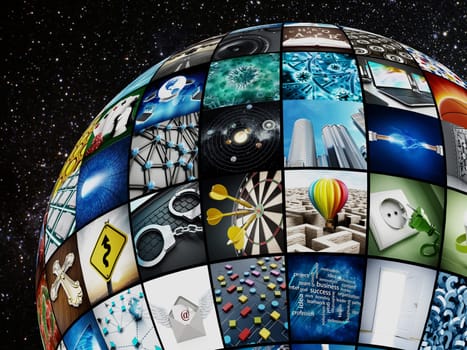 Globe covered with TV screens. Images are from my own portfolio