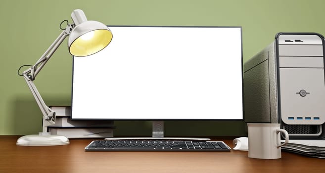 Desktop PC with blank screen standing on office desk.