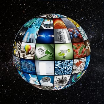 Globe covered with TV screens. Images are from my own portfolio