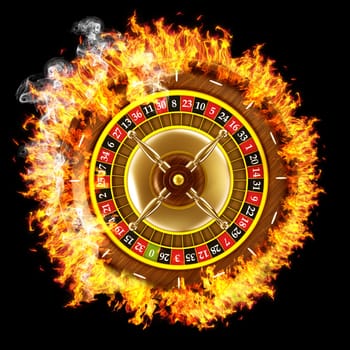 Burning roulette surrounded with flames isolated on black background