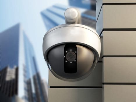 Dome camera hanging on the wall of office building.
