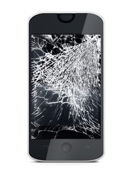 Smartphone with broken screen isolated on white background