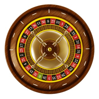 Casino roulette isolated on white background viewed from top angle.